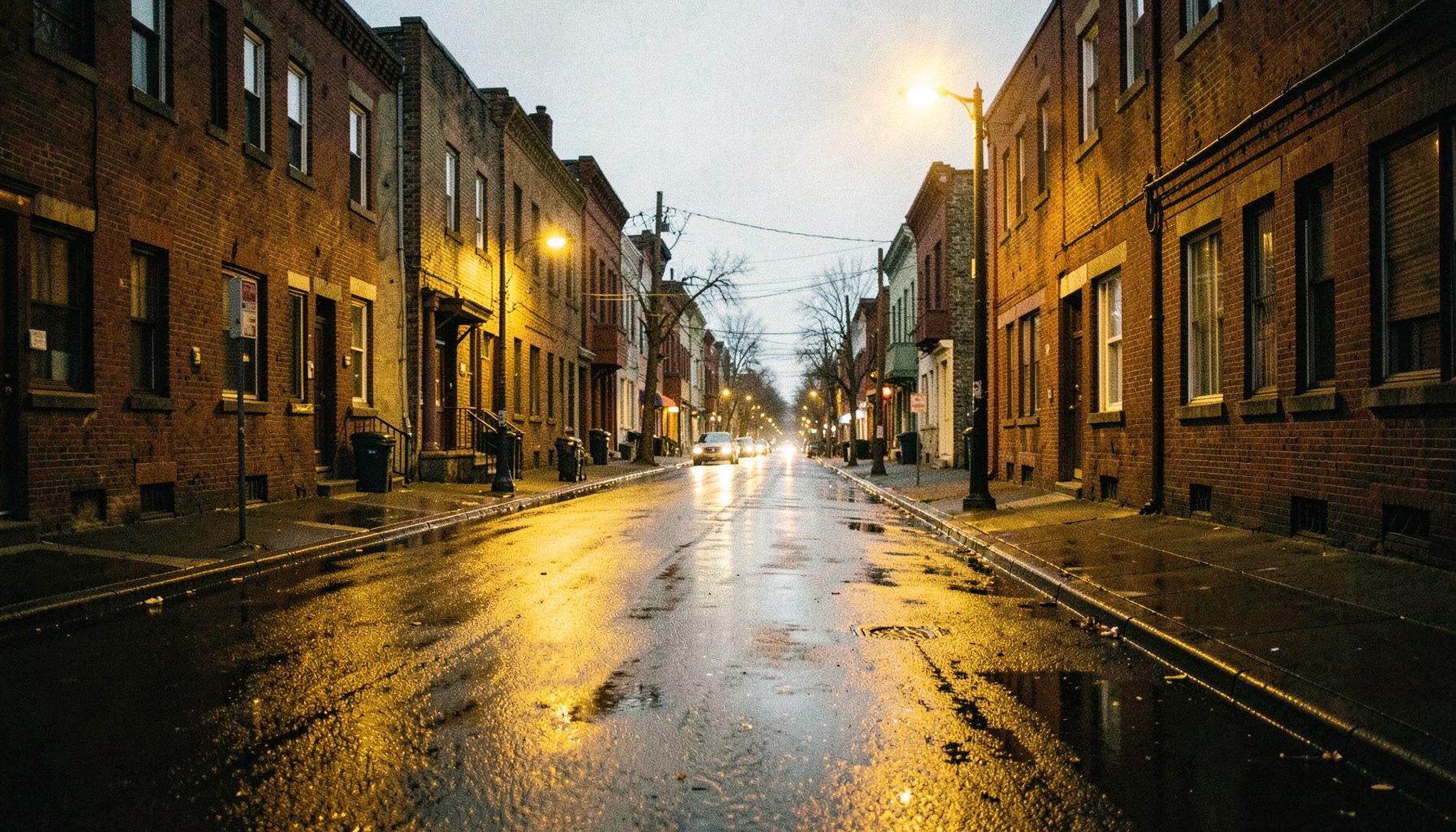 A dimly lit community street in Toronto at dusk, warm amber streetlights reflecting off wet pavement, rows of modest brick buildings receding into the distance, conveying quiet resilience and the weight of the pandemic on working-class neighborhoods.